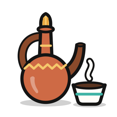 An illustrated Ethiopian coffee pot and a cup of coffee